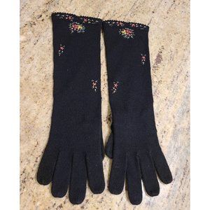 Vintage Size XL Black Knit Formal Stretch 14"Gloves Embroidered Colorful Flowers